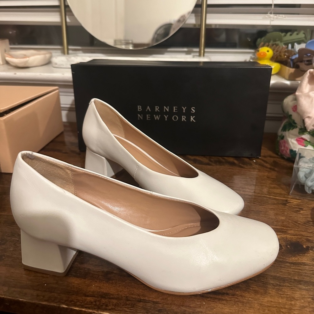 Barneys New York White Block Heel Pumps